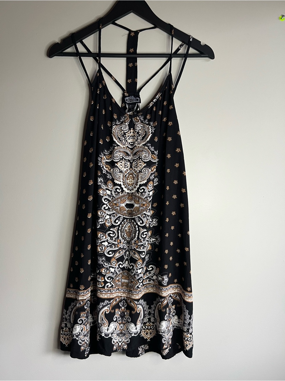 Angie Boho Paisley Racerback Swing Dress Black Beige Festival Size Large